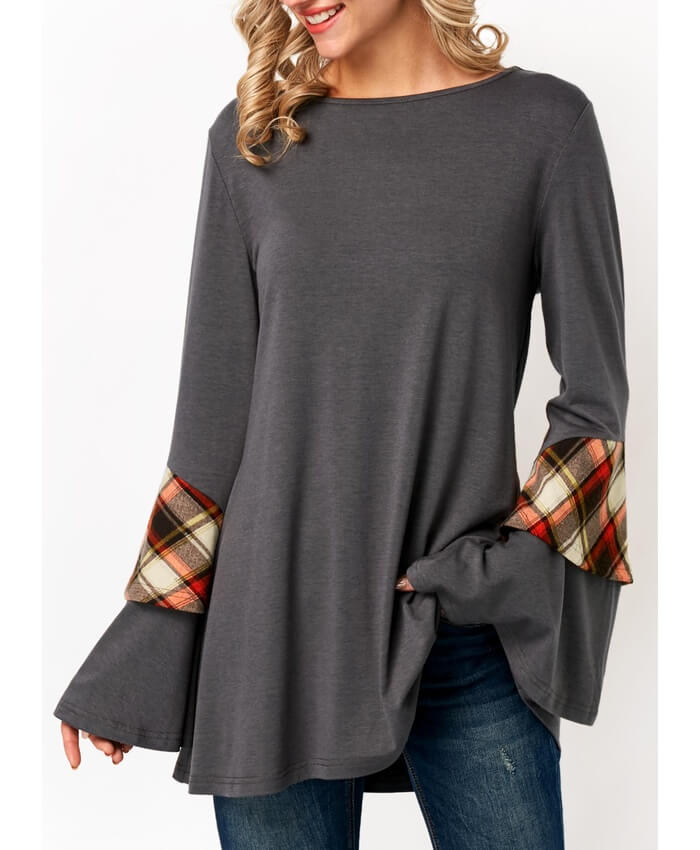 Patchwork Flare Sleeve Grey T Shirt